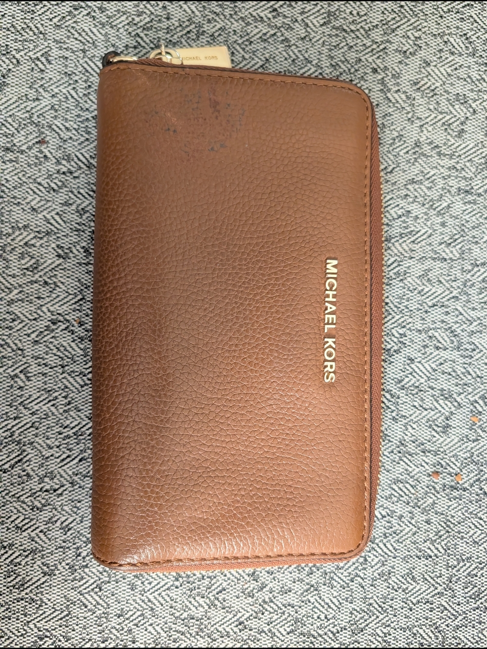 Michael Kors Cognac Pebble Leather Zip Wallet with Gold Logo